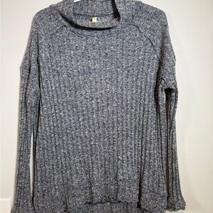 🌊 Free‎ People Blue Marled Ribbed Mock Neck Top Size Small (S/P)